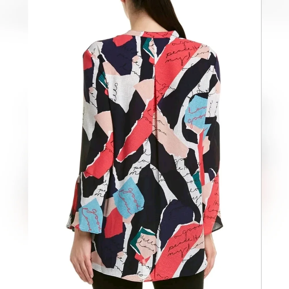 NIC+ZOE Womens Navy Printed Split Wear To Work Blouse Small - Picture 2 of 9